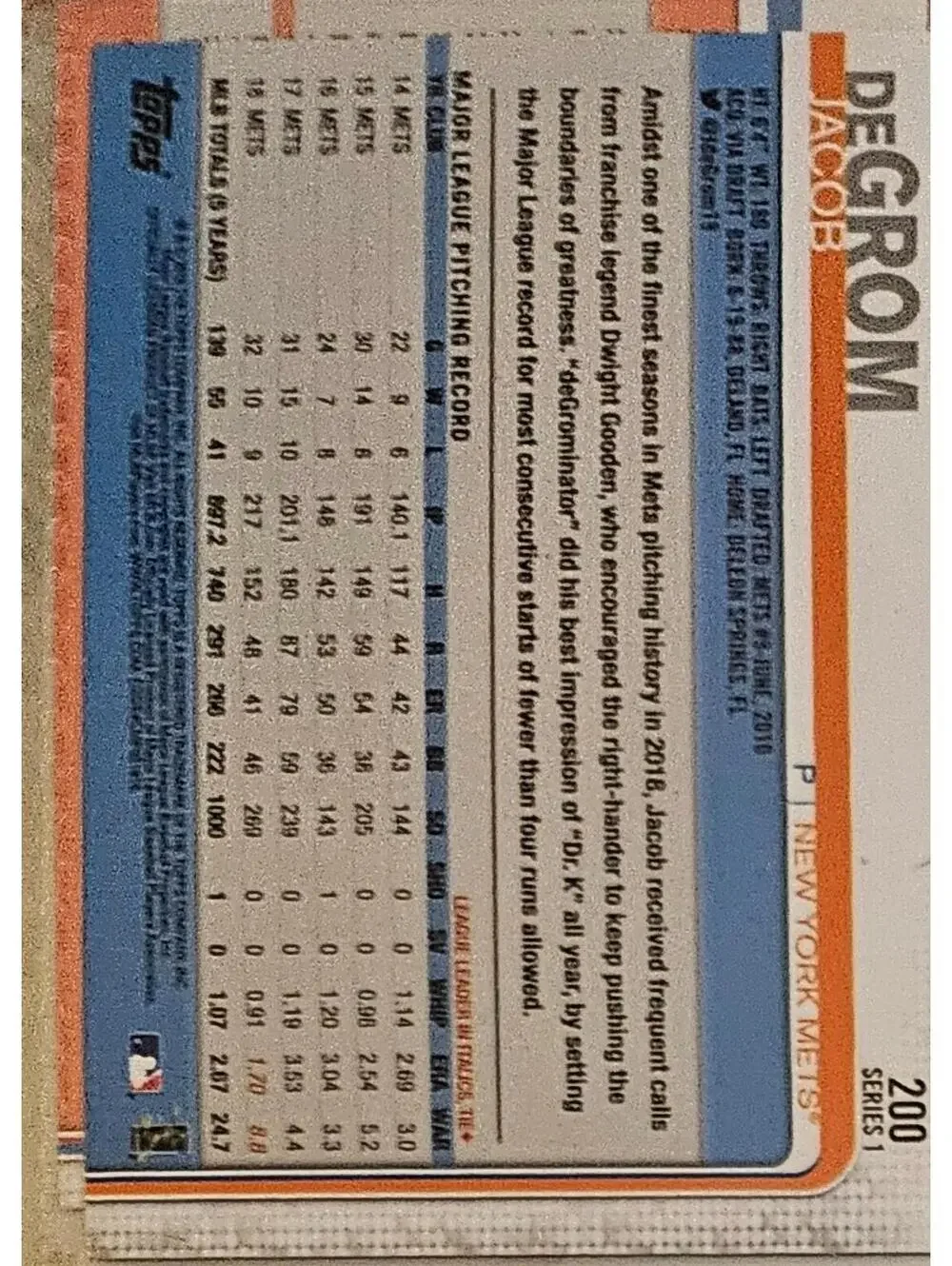 Jacob DeGrom 2019 Topps Series 1 Baseball  #200 - Picture 2 of 2